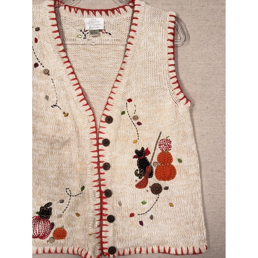 Christopher & Banks Vintage Halloween Cat Pumpkin Embroidered Knit Vest Small - Picture 1 of 8